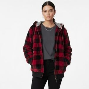 POOK Cozy Red Buffalo Plaid Reversible Zipped Hoodie Jacket  L/XL